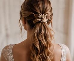 Soft bridal waves with a floral hair accessory