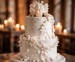 A white wedding cake with delicate floral decoration