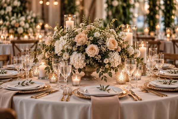 Blush roses and candlelight on a wedding table