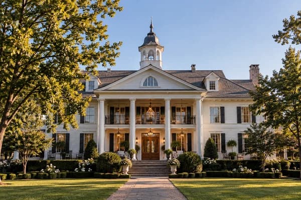 An elegant estate framed by mature trees
