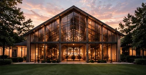 Illustration of a glass-fronted wedding venue at sunset