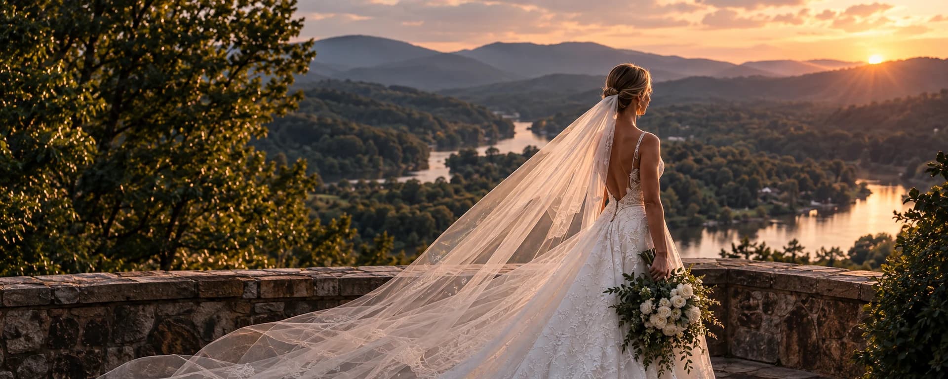 A bride overlooking a wooded valley and winding water at golden hour